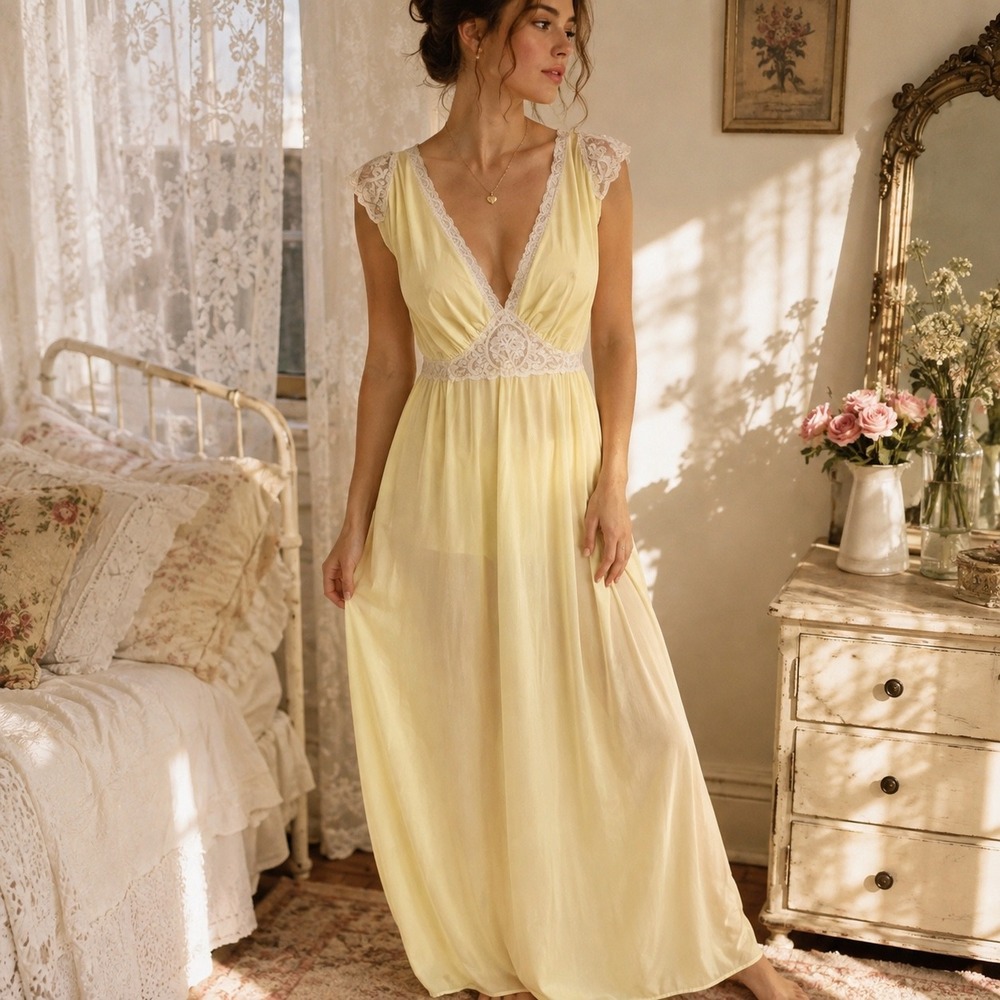 VTG Miss Elaine Nightgown Medium Yellow Lace Maxi Cottagecore Romantic Feminine
